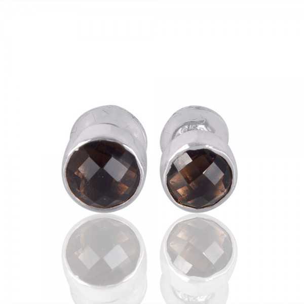 925 Solid Silver CUT BROWN SMOKY QUARTZ 3 Gem WELL MADE Studs Earrings 0.7 Inch 