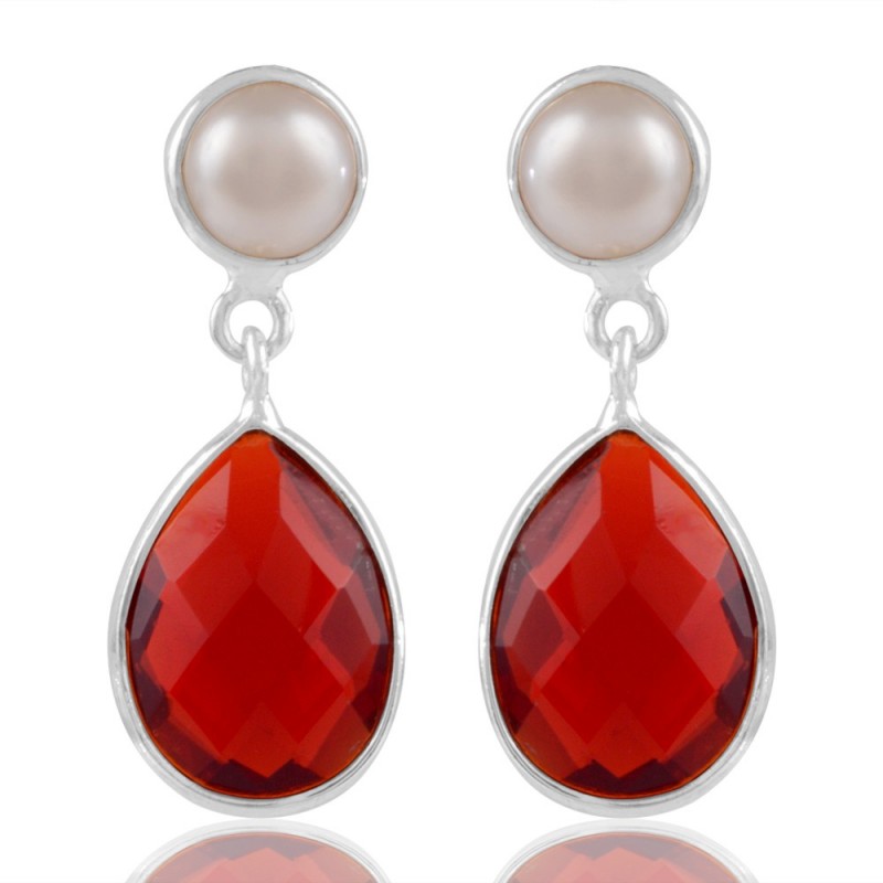 Natural Pearl And Red Gemstone 925 Sterling Silver Earring Jewels Sparkly Pearl And Red Stone Sterling Silver Earring Loading Zoom