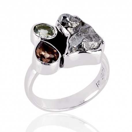 Persiolite Metorite and Smokey three Stone Solid Silver Ring