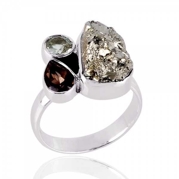 Persiolite Pyarite and Smokey three Stone Solid Silver Ring
