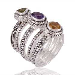 Natural Gemstone Citrine, Peridot, and Amethyst set of five 925 Sterling Silver Stackable Ring