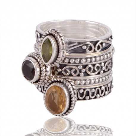 Citrine Peridot and Smokey Quartz Stakcable 925 Sterling Silver Ring