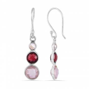 Rose Quartz Garnet and Pearl Gemstone Solid Silver Earrings