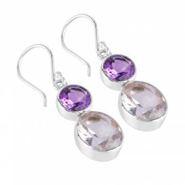 Amethyst and Crystal Natural Minerals 925 Sterling Silver Earrings