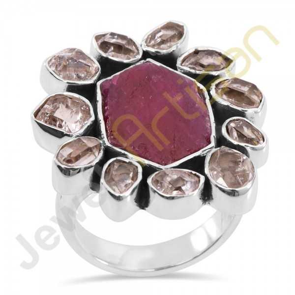 Real Raw Ruby Gemstone with Herkimer diamond Solid Sterling Silver Ring
