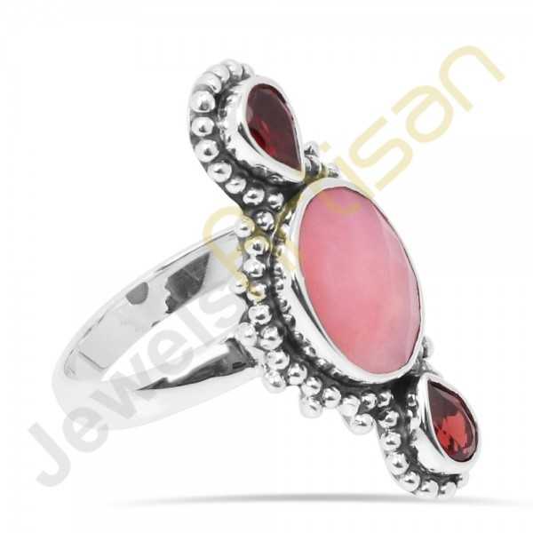 Natural Pink Opal, Garnet Multigemstone Solid Sterling Silver Handmade Ring