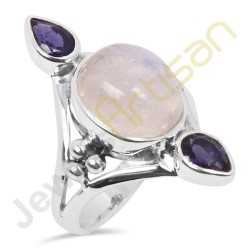 Natural Blue Flashy Rainbow Moonstone and Iolite Multigemstone Solid Sterling Silver Ring