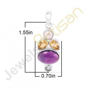 Purple Amethyst, Citrine, Pearl and Blue Topaz Sterling Silver Handmade Pendants