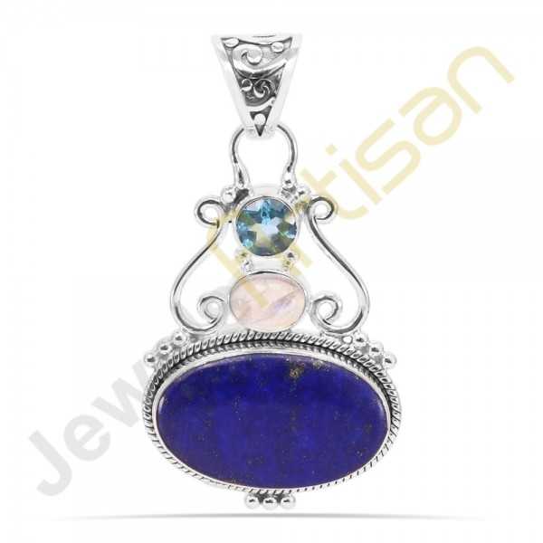 Lapis Lazuli, Rainbow Moonstone and Blue Topaz Gemstone 925 Sterling Silver Pendant