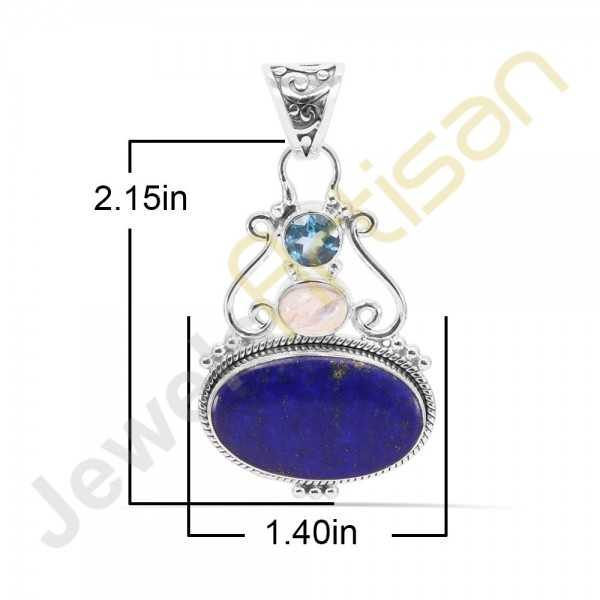 Lapis Lazuli, Rainbow Moonstone and Blue Topaz Gemstone 925 Sterling Silver Pendant