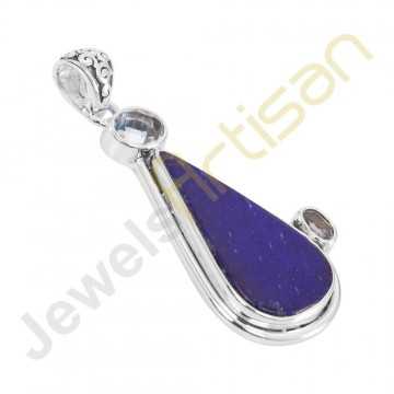 Lapis  Lazuli and Blue Topaz Gemstone 925 Sterling Silver Pendant