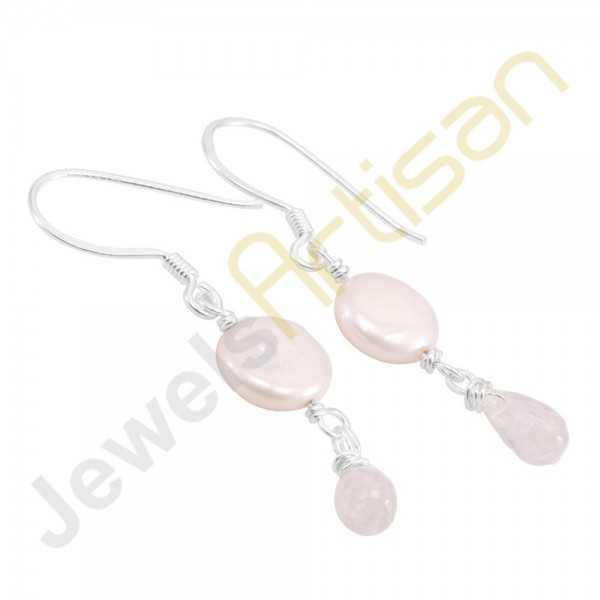 Fresh Water Pearl and Rainbow Moonstone Gemstone Handmade sterling silver Earrings