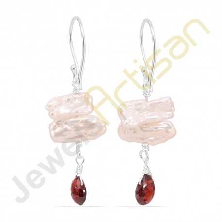Biwa Pearl and Garnet Gemstone Handmade sterling silver Earrings