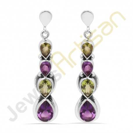 Peridot Purple Amethyst Sterling Silver Rose Gold Plated Earrings Green Amethyst Studs Blue Topaz and Peridot Natural Gemstone