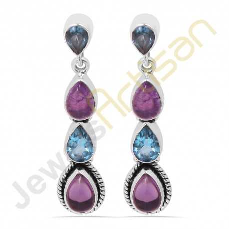 Purple Amethyst and Blue Topaz Multigemstone Handmade sterling silver Earrings
