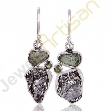 Meteorite, Moldavite and Peridot Multigemstone Handmade sterling silver Earrings