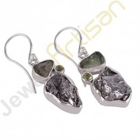 Meteorite, Moldavite and Peridot Multigemstone Handmade sterling silver Earrings