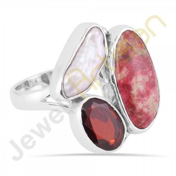 Tulite Jasper Garnet and Pearl Gemstone Solid Sterling Silver Ring