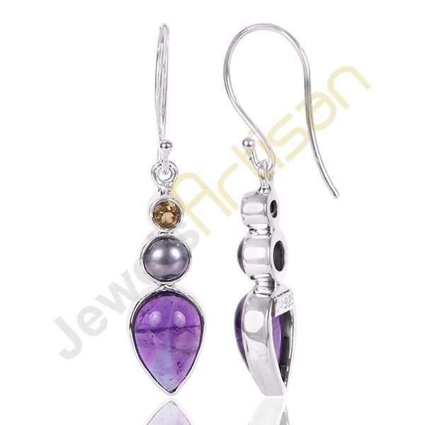Amethyst, Citrine and Color Pearl Gemstone 925 Sterling Silver Earring
