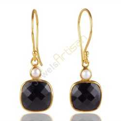 Black Onyx And Pearl Gemstone Sterling Silver Gold Vermeil Earring