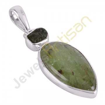 Natural Raw Moldavite Pendant, Green Kyanite Pendant, Sterling Silver Handmade Pendant