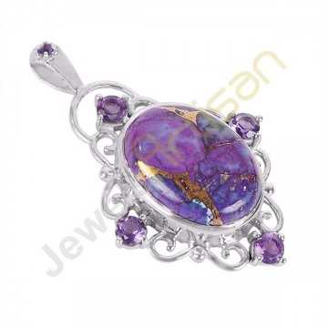 Amethyst And Purple Copper Turquoise Gemstone 925 Sterling Silver Pendant
