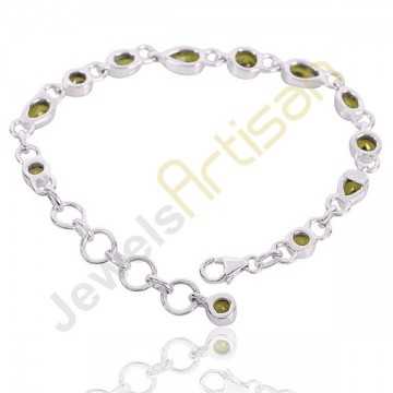 Natural Peridot Gemstone Solid 925 Sterling Silver Link Bracelet, Handmade Bracelet