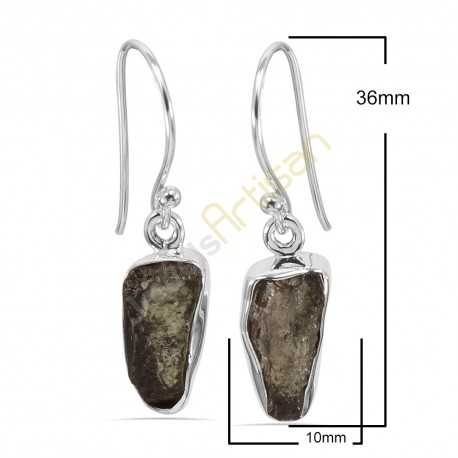 Certified Moldavite Gemstone Silver Dangling Earring Raw Moldavite Gemstone Earring