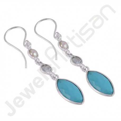 Arizona Turquoise, Pearl and Blue Topaz  Gemstone Ring Sterling Silver Dangle Drop Earring