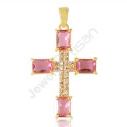Pink Stone And White Cubic Zirconia Gemstone Pendant Gold Plated Designer Cross Pendant
