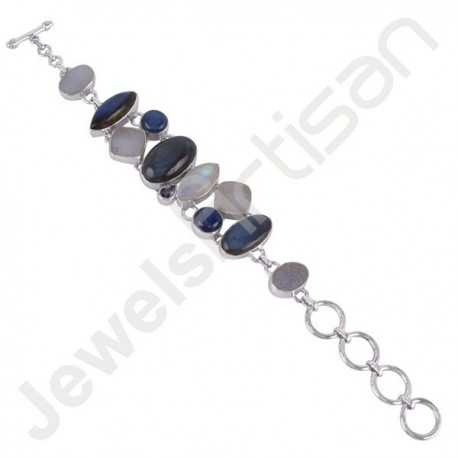 Labradorite, Kyanite, Rainbow Moonstone and White Druzy Gemstone Bracelet 925 Sterling Silver Handmade Bracelet