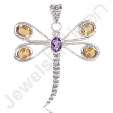 Citrine And Amethyst Gemstone Pendant 925 Sterling Silver Butterfly Design Pendant