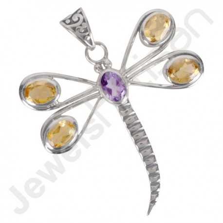 Citrine And Amethyst Gemstone Pendant 925 Sterling Silver Butterfly Design Pendant