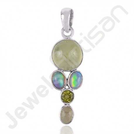 Ethiopian Opal, Prehnite and Peridot Gemstone Pendant Handmade 925 Sterling Silver Pendant