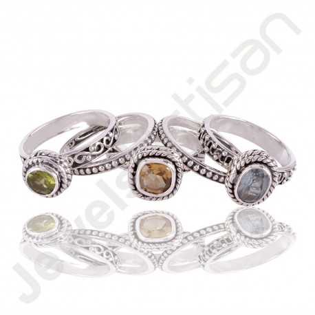 Citrine, Peridot and Blue Topaz Gemstone Stackable 925 Sterling Silver Ring