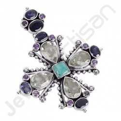 Amethyst Pendant, Turquoise Pendant and Iolite Pendant 925 Sterling Silver Pendant Handcrafted Designer Silver Pendant