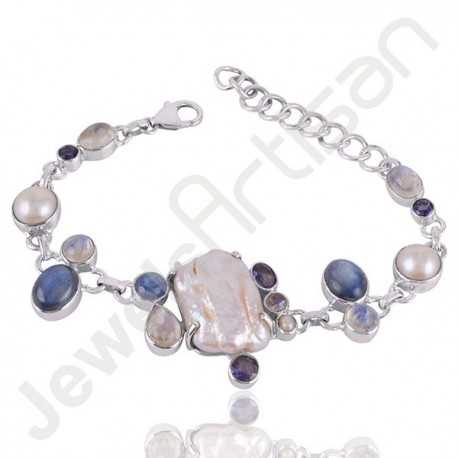 Biwa Pearl Bracelet, Rainbow Moonstone Bracelet, Pearl Bracelet, Kyanite Bracelet, Iolite Bracelet, 925 Sterling Silver Bracelet