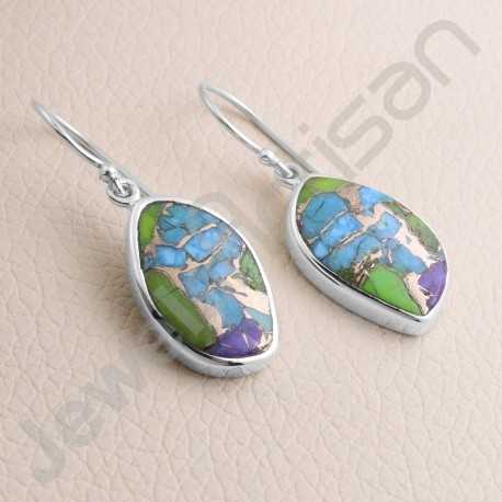 925 Sterling Silver Blue Circle & Hammer Turquoise Gemstone Dangle Drop Earrings