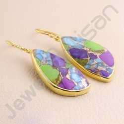 925 Solid Silver Earring Gold Vermeil Earring Fancy Shape Turquoise Earring Dangle Drop Earrings Handcrafted 925 Silver Earring