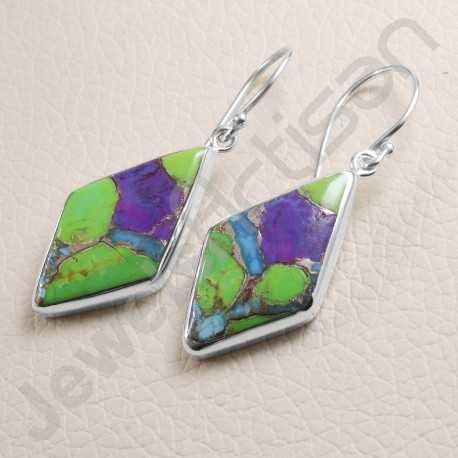 925 Sterling Silver Earring Natural Turquoise Gemstone Earring Fancy Rhombus Design Earring Dangle Drop Earring