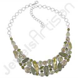 Lemon Quartz Necklace Prehnite Necklace Peridot Bracelet Multi-Gemstone 925 Sterling Silver Handcrafted Choker Necklace