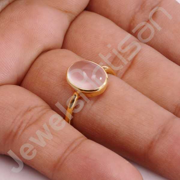 Gold Vermeil Ring Solitaire Rose Quartz Ring 925 Sterling Silver Ring