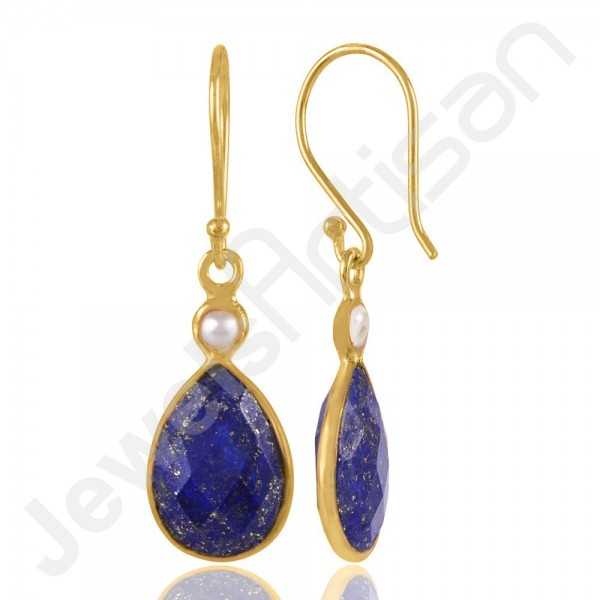 Gold Plated Jewelry 925 Sterling Silver Natural Lapis Lazuli Dangle Earrings 