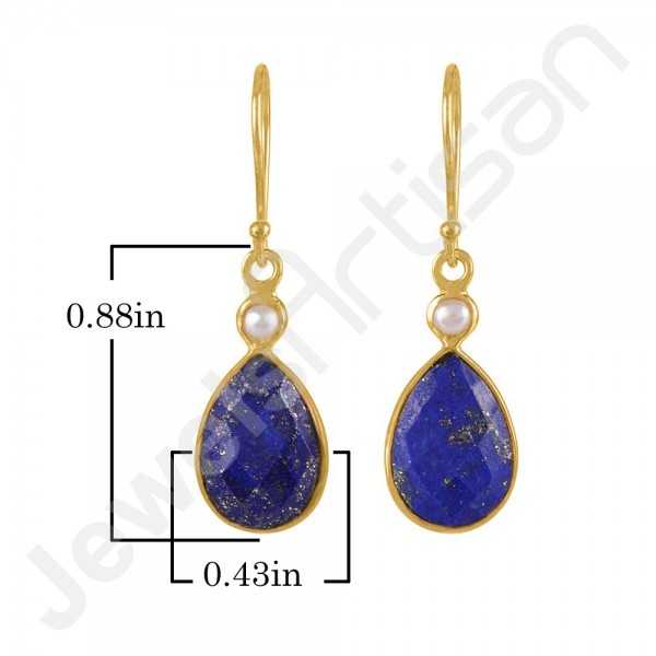 Gold Plated Jewelry 925 Sterling Silver Natural Lapis Lazuli Dangle Earrings 